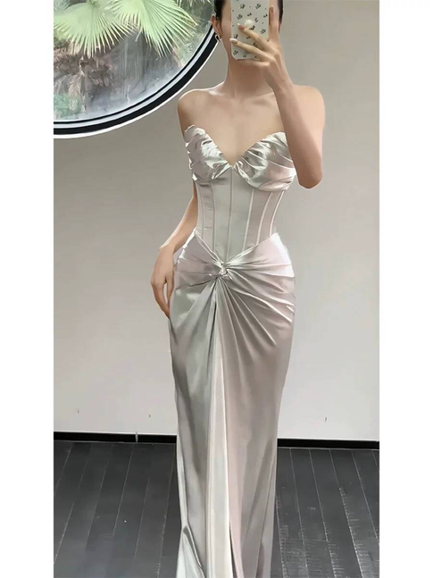 Simple Mermaid Sweetheart Satin Silver Floor Length Prom Dresses Party Dress 21st Birthday Outfits Graduation Dress AU352