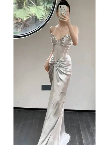 Simple Mermaid Sweetheart Satin Silver Floor Length Prom Dresses Party Dress 21st Birthday Outfits Graduation Dress AU352