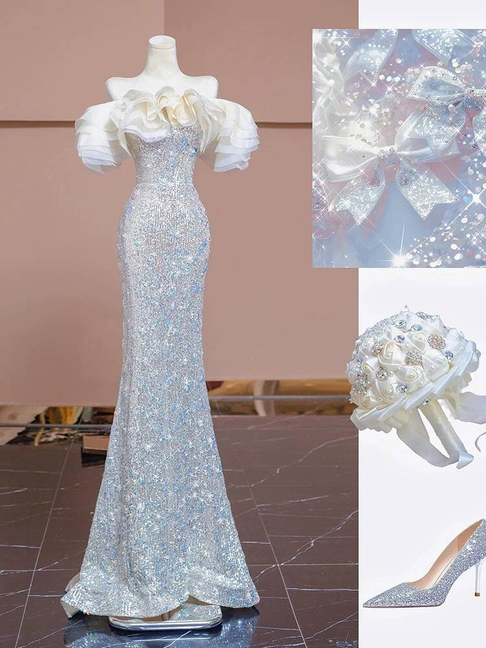 Sexy Mermaid Off The Shoulder Sequin Silver Long Prom Dress Inspiration Party Formal Gown Prom Dresses AU374