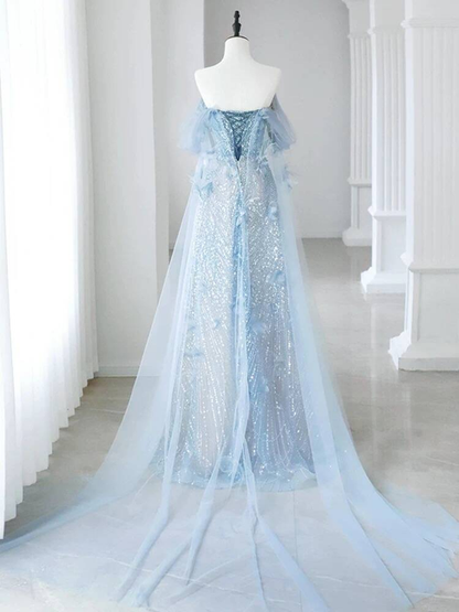 Modest Ball Gown Off The Shoulder Blue Sequin Flowers Long Prom Dress Inspiration Party Formal Gown Prom Dresses AU383