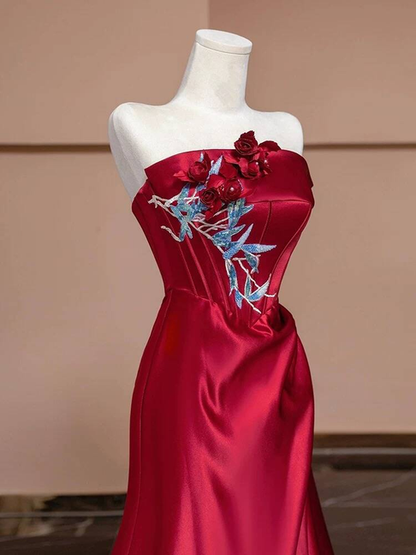 Modest Mermaid Strapless Red Satin Prom Dresses Party Dress Birthday Outfits Graduation Dress AU384