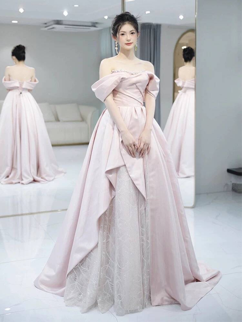 Modest Ball Gown Off The Shoulder Pink Sequin Long Prom Dress Inspiration Party Formal Gown Prom Dresses AU386
