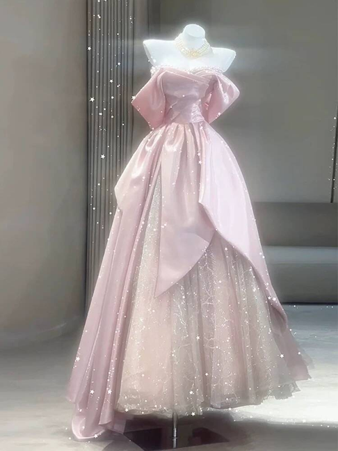 Modest Ball Gown Off The Shoulder Pink Sequin Long Prom Dress Inspiration Party Formal Gown Prom Dresses AU386