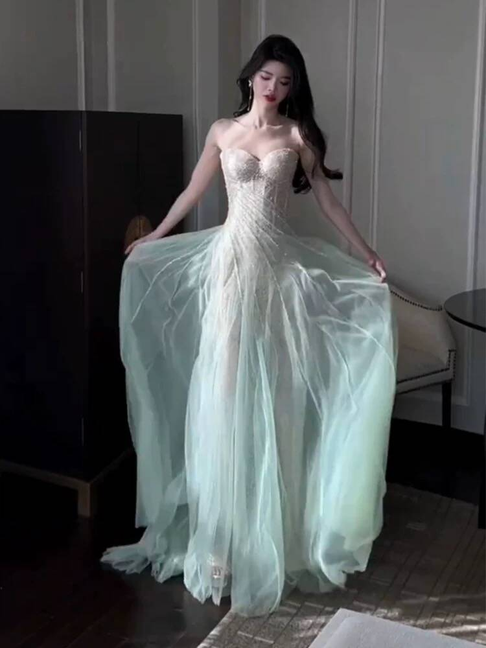 Beautiful Sheath Strapless Mint Green Sequin Prom Dresses Party Dress 17th Birthday Outfits Graduation Dress AU387