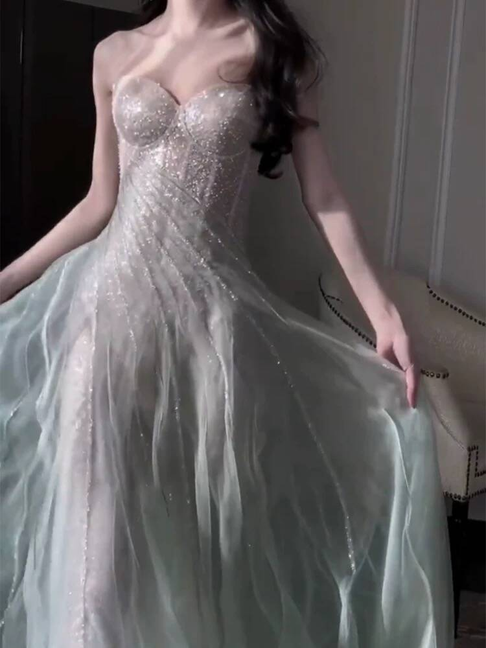Beautiful Sheath Strapless Mint Green Sequin Prom Dresses Party Dress 17th Birthday Outfits Graduation Dress AU387