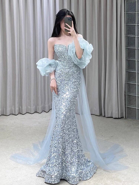 Beautiful Mermaid Sweetheart Light Sky Blue Sequin Prom Dresses Party Dress Birthday Outfits Graduation Dress AU388