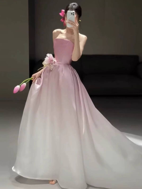 Modest Ball Gown Strapless Pink Satin Prom Dresses Party Dress Birthday Outfits Graduation Dress AU389