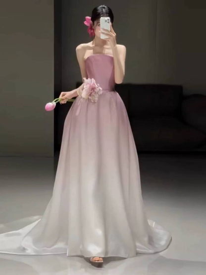 Modest Ball Gown Strapless Pink Satin Prom Dresses Party Dress Birthday Outfits Graduation Dress AU389