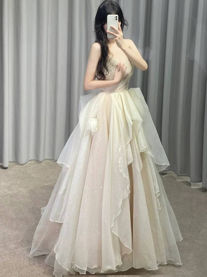 Timeless Ball Gown Strapless Yellow Chiffon Prom Dresses Party Dress Birthday Outfits Graduation Dress AU395