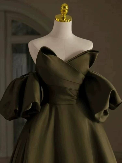 Modest Ball Gown Off The Shoulder Green Satin Long Prom Dress Inspiration Party Formal Gown Prom Dresses AU396