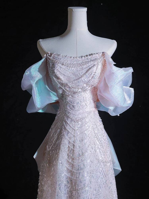 Schlichtes A-Linien-Abendkleid mit schulterfreien rosa Pailletten, langes Ballkleid, Inspiration für Partys, formelle Abendkleider, Ballkleider AU399
