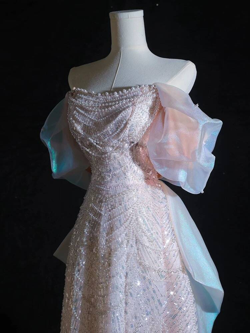 Schlichtes A-Linien-Abendkleid mit schulterfreien rosa Pailletten, langes Ballkleid, Inspiration für Partys, formelle Abendkleider, Ballkleider AU399