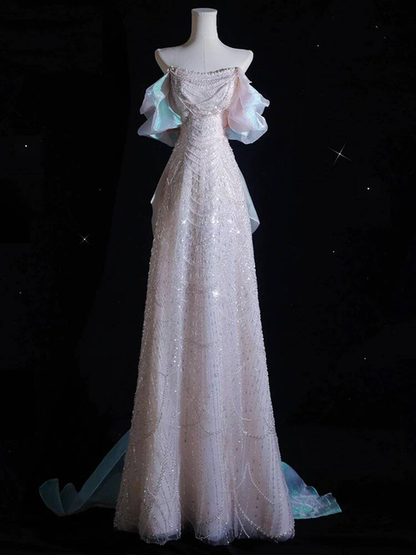 Schlichtes A-Linien-Abendkleid mit schulterfreien rosa Pailletten, langes Ballkleid, Inspiration für Partys, formelle Abendkleider, Ballkleider AU399