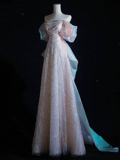 Schlichtes A-Linien-Abendkleid mit schulterfreien rosa Pailletten, langes Ballkleid, Inspiration für Partys, formelle Abendkleider, Ballkleider AU399