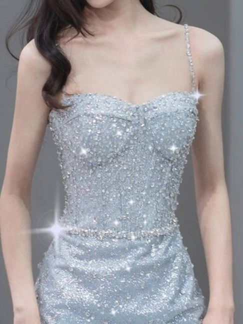 Bescheidene Meerjungfrau Spaghettiträger Hellhimmelblau Ballkleider Pailletten Partykleid Geburtstagsoutfits Abschlusskleid AU400