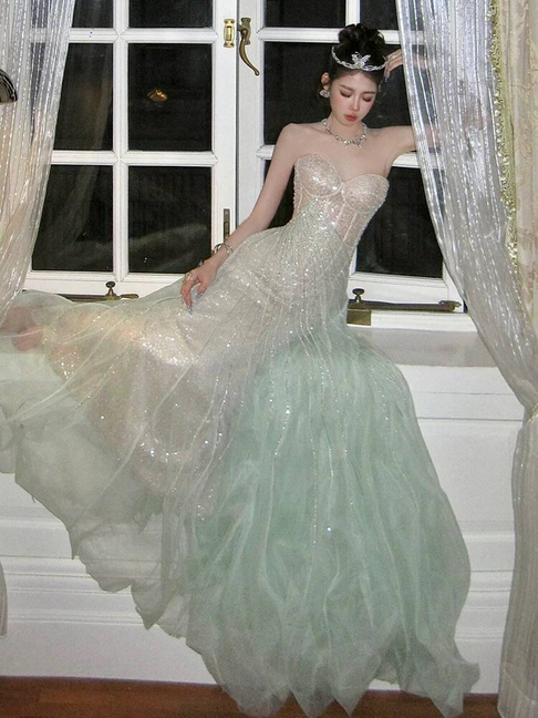 Sparkly Etuikleid Trägerlos Mintgrün Pailletten Ballkleider Partykleid 17. Geburtstag Outfits Abschlusskleid AU402