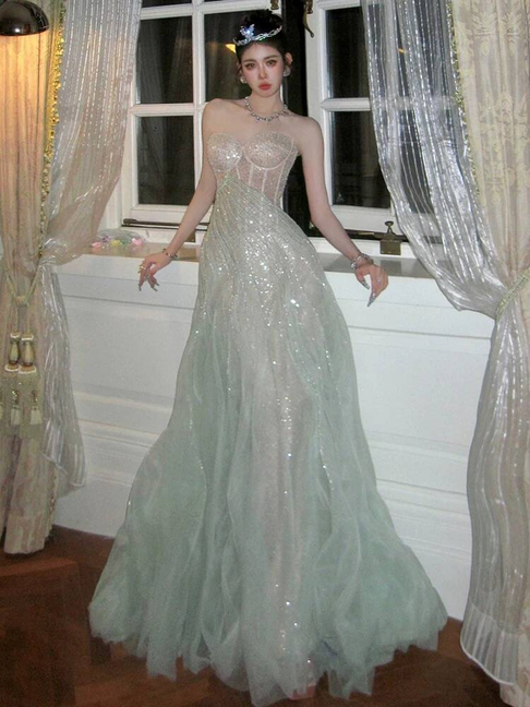 Sparkly Etuikleid Trägerlos Mintgrün Pailletten Ballkleider Partykleid 17. Geburtstag Outfits Abschlusskleid AU402