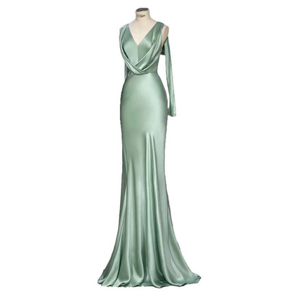 Bescheidene Meerjungfrau mit V-Ausschnitt, Salbeigrün, Satin, Ballkleider, Pailletten, Partykleid, Geburtstags-Outfits, Abschlusskleid AU405