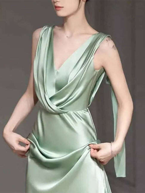 Bescheidene Meerjungfrau mit V-Ausschnitt, Salbeigrün, Satin, Ballkleider, Pailletten, Partykleid, Geburtstags-Outfits, Abschlusskleid AU405