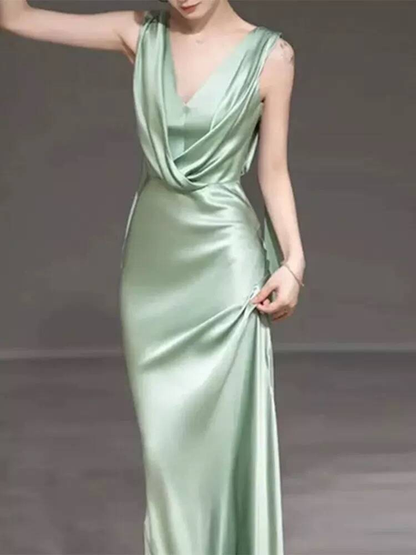 Bescheidene Meerjungfrau mit V-Ausschnitt, Salbeigrün, Satin, Ballkleider, Pailletten, Partykleid, Geburtstags-Outfits, Abschlusskleid AU405