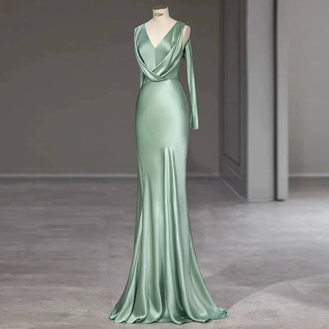 Bescheidene Meerjungfrau mit V-Ausschnitt, Salbeigrün, Satin, Ballkleider, Pailletten, Partykleid, Geburtstags-Outfits, Abschlusskleid AU405