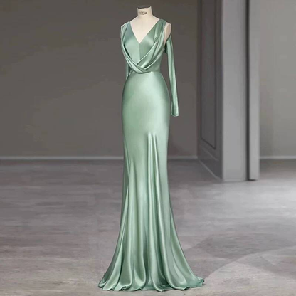 Bescheidene Meerjungfrau mit V-Ausschnitt, Salbeigrün, Satin, Ballkleider, Pailletten, Partykleid, Geburtstags-Outfits, Abschlusskleid AU405