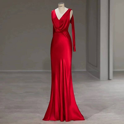 Robe de bal sirène simple en satin rouge à col en V, tenue de soirée, d'anniversaire, de remise de diplôme, AU406