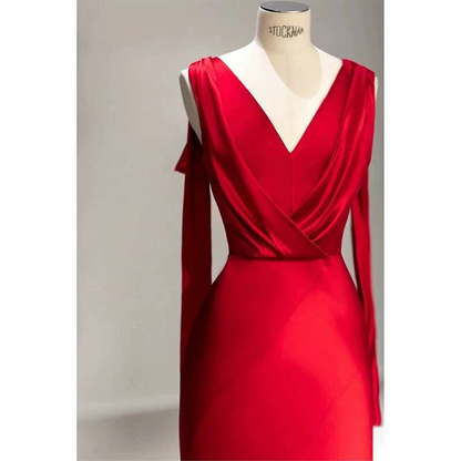 Robe de bal sirène simple en satin rouge à col en V, tenue de soirée, d'anniversaire, de remise de diplôme, AU406
