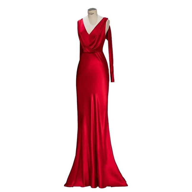 Robe de bal sirène simple en satin rouge à col en V, tenue de soirée, d'anniversaire, de remise de diplôme, AU406