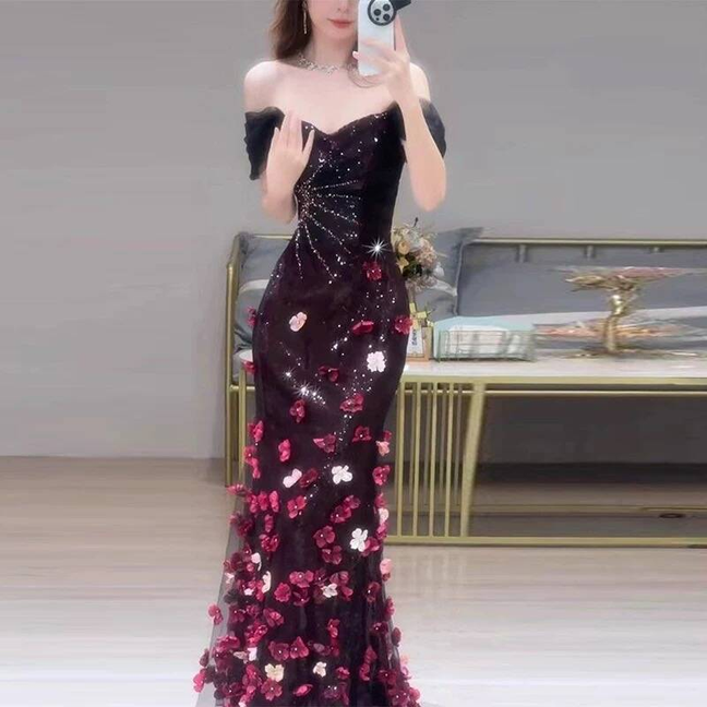 Bescheidene Meerjungfrau aus der Schulter schwarz Tüll langes Ballkleid Inspiration Party formale Kleid Ballkleider AU408