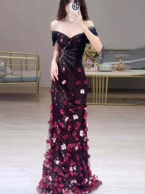 Modest Mermaid Off The Shoulder Black Tulle Long Prom Dress Inspiration Party Formal Gown Prom Dresses AU408