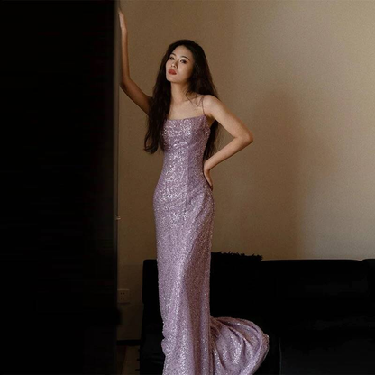 Robe de bal sirène sexy à bretelles spaghetti lilas et paillettes, tenue de soirée pour 21e anniversaire, robe de remise de diplôme, AU409
