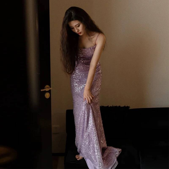 Robe de bal sirène sexy à bretelles spaghetti lilas et paillettes, tenue de soirée pour 21e anniversaire, robe de remise de diplôme, AU409