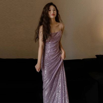 Robe de bal sirène sexy à bretelles spaghetti lilas et paillettes, tenue de soirée pour 21e anniversaire, robe de remise de diplôme, AU409