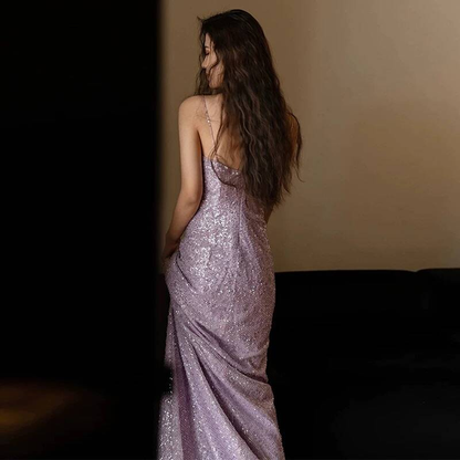 Robe de bal sirène sexy à bretelles spaghetti lilas et paillettes, tenue de soirée pour 21e anniversaire, robe de remise de diplôme, AU409