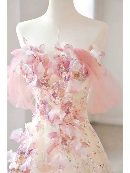 Bescheidenes Ballkleid aus der Schulter rosa Pailletten Blumen langes Ballkleid Inspiration Party formales Kleid Ballkleider AU410