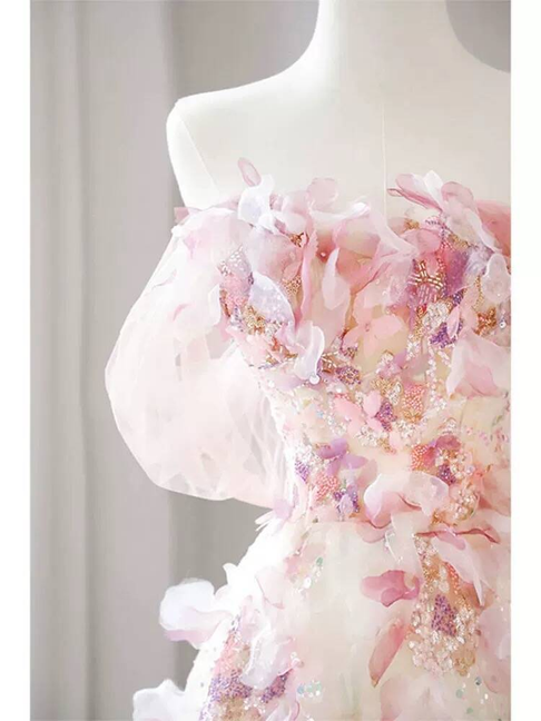Bescheidenes Ballkleid aus der Schulter rosa Pailletten Blumen langes Ballkleid Inspiration Party formales Kleid Ballkleider AU410