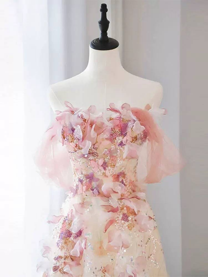 Bescheidenes Ballkleid aus der Schulter rosa Pailletten Blumen langes Ballkleid Inspiration Party formales Kleid Ballkleider AU410