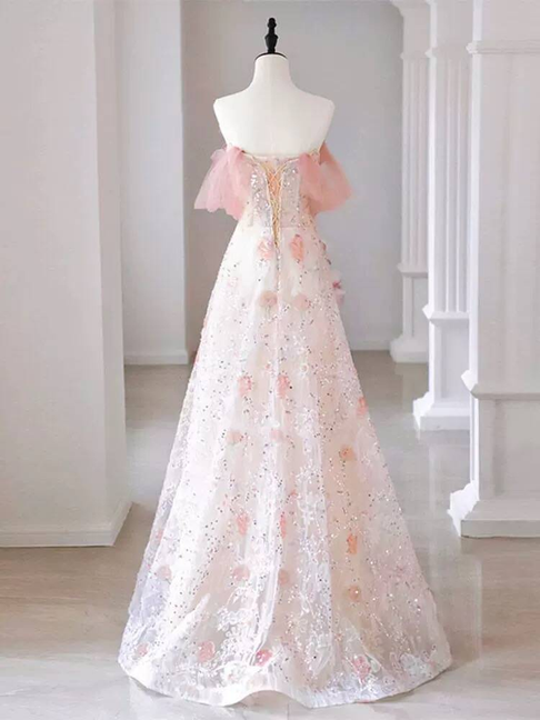 Bescheidenes Ballkleid aus der Schulter rosa Pailletten Blumen langes Ballkleid Inspiration Party formales Kleid Ballkleider AU410