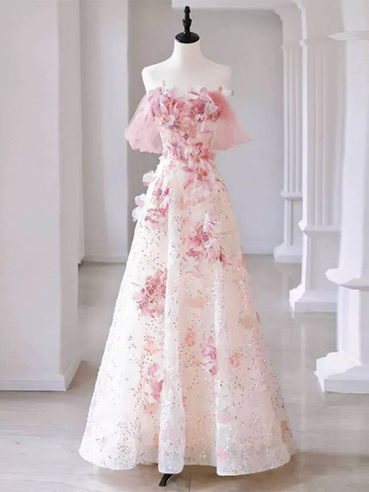 Bescheidenes Ballkleid aus der Schulter rosa Pailletten Blumen langes Ballkleid Inspiration Party formales Kleid Ballkleider AU410