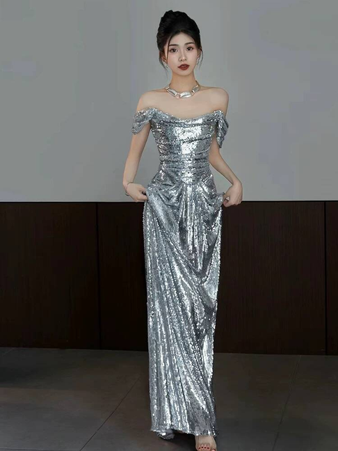 Cute Mermaid Off The Shoulder Silver Sequins Prom Dresses Party Dress 20th Birthday Outfits Graduation Dress AU411