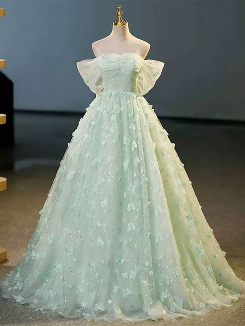 Classy Ball Gown Off The Shoulder Mint Green Tulle Prom Dresses Party Dress 21st Birthday Outfits Senior Graduation Dress AU412