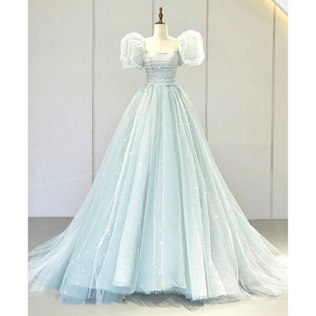 Classy Ball Gown Square Neck Light Sky Blue Tulle Prom Dresses Party Dress 21st Birthday Outfits Senior Graduation Dress AU413
