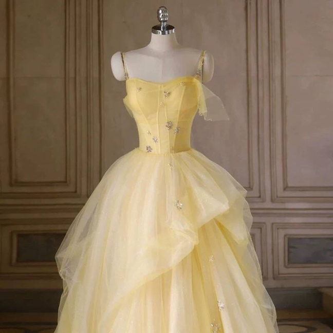Timeless Ball Gown Spaghetti Straps Yellow Tulle Prom Dress Inspiration Long Party Formal Prom Dresses AU414