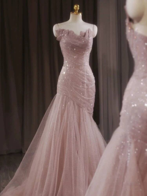 Classy Mermaid Sweetheart Pink Tulle Prom Dresses Party Dress 21st Birthday Outfits Senior Graduation Dress AU417
