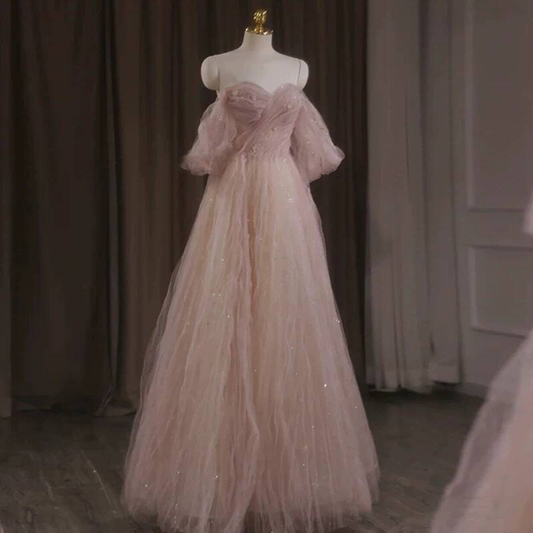Classy A Line Off The Shoulder Blush Pink Tulle Prom Dresses Party Dress 21st Birthday Outfits Senior Graduation Dress AU419