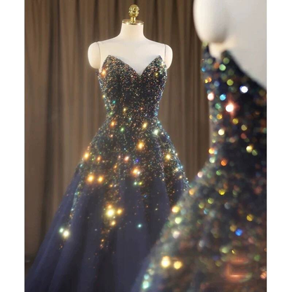 Cute Ball Gown Sweetheart Navy Blue Sequin Beads Prom Dresses Party Dress 20th Birthday Outfits Graduation Dress AU420