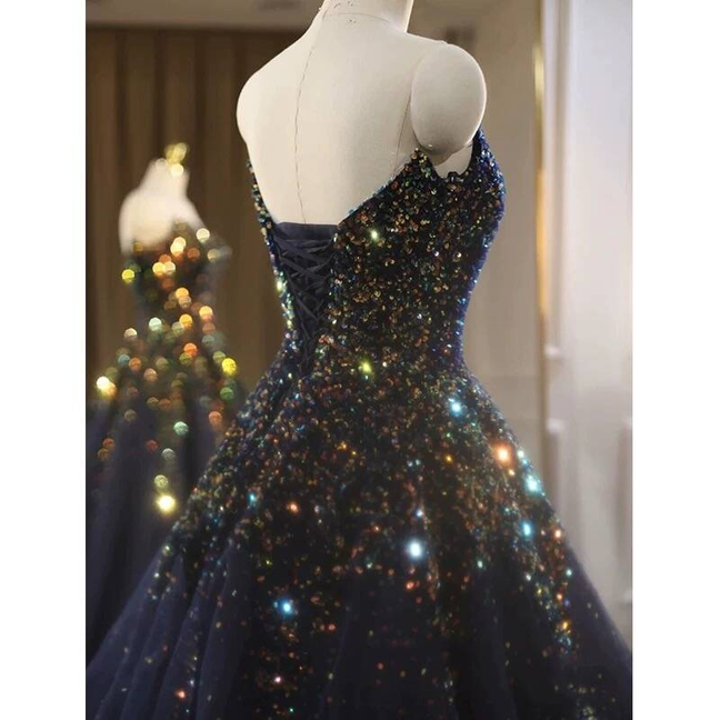 Cute Ball Gown Sweetheart Navy Blue Sequin Beads Prom Dresses Party Dress 20th Birthday Outfits Graduation Dress AU420