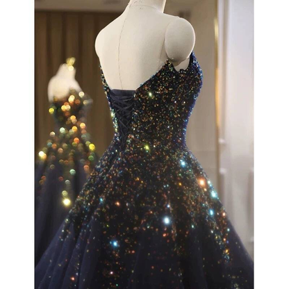 Cute Ball Gown Sweetheart Navy Blue Sequin Beads Prom Dresses Party Dress 20th Birthday Outfits Graduation Dress AU420