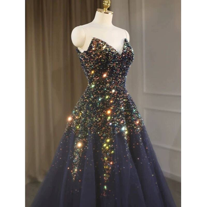 Cute Ball Gown Sweetheart Navy Blue Sequin Beads Prom Dresses Party Dress 20th Birthday Outfits Graduation Dress AU420